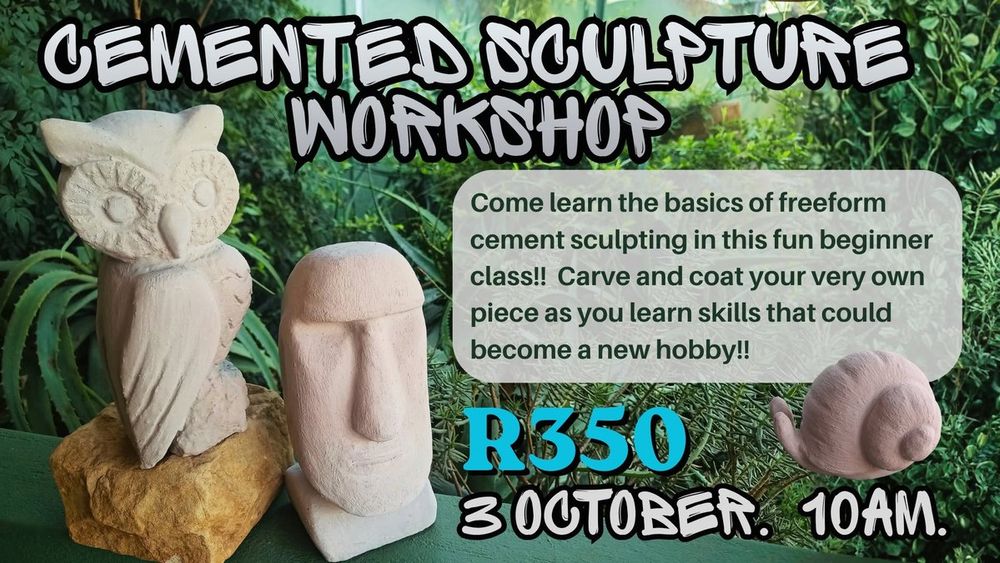 Cemented Sculpture Workshop flyer with a cement owl, moai head and snail